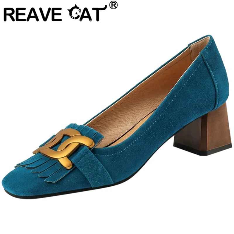 

REAVE CAT Fashion Woman Shoes Pumps Square Toe Chunky Heels Kid Suede Leather Slip-on Tassel Size 33-40 Blue Retro Spring S2792