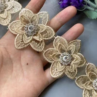 1 yard gold polyester pearl lace trim ribbon 3d leaf flowers embroidered african fabric handmade sewing for costume decoration