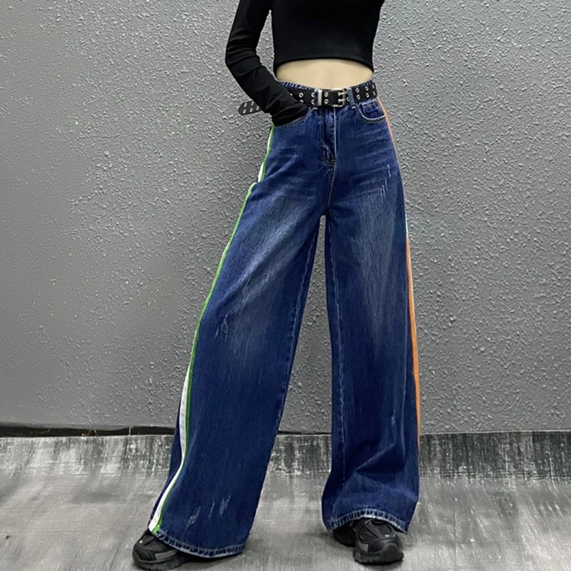

Streetwear Fashion Side Stripe Jeans Women's Autumn 2022 New High Waist Loose Straight Denim Pants Female Tide