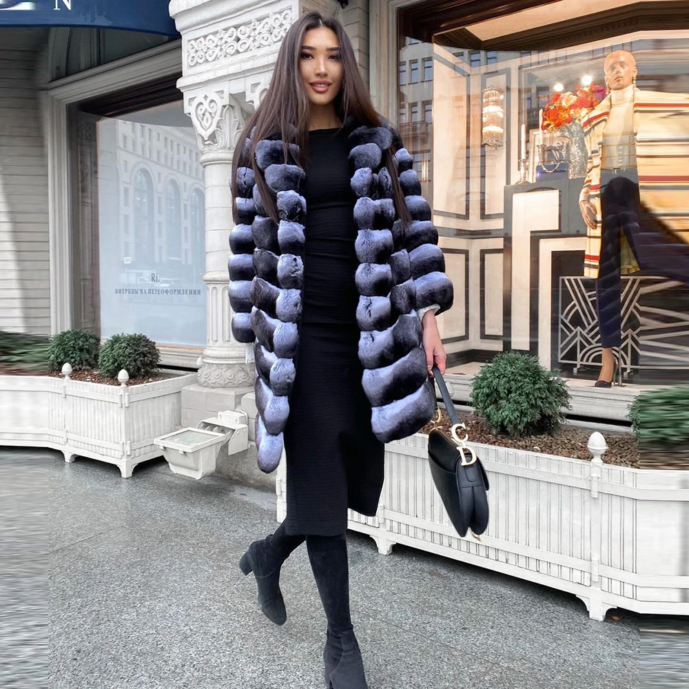Enlarge Long Real Fur Coats Winter 2022 New Fashion Women Whole Skin Genuine Rex Rabbit Fur Coat Turn-down Collar Trendy Fur Overcoats
