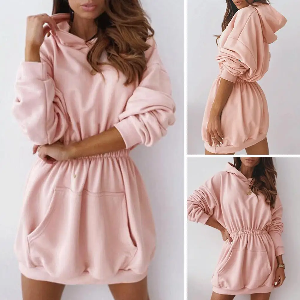 

Women New Casual Winter Solid Color Pullover Dress Long Sleeve Hoodie Sweatshirt Tops With Pocket