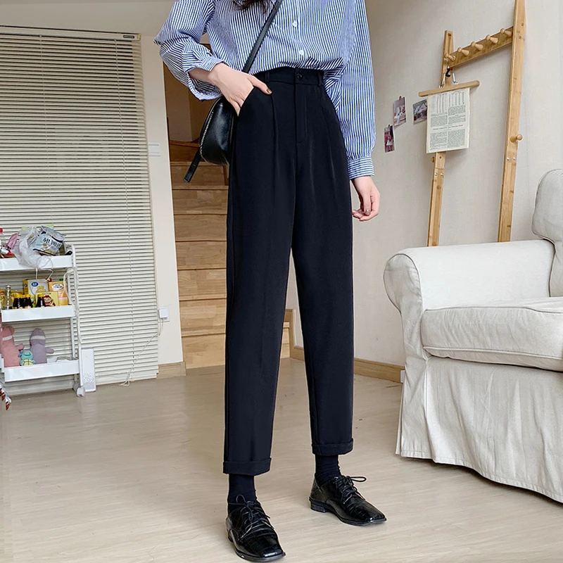 

2021 Spring Women Suit Pants Korean Style Straight Office Lady Pants High Waist Slim Solid Color Female Casual Trousers Elegant