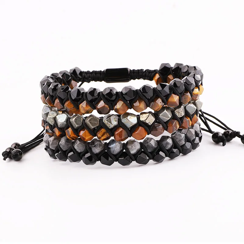 

New Fashion Natural Stone Bracelet Faceted Black Agate Pyrite Brown Tiger Eye Stone Macrame Adjustable Bracelet Men Jewelry Gift