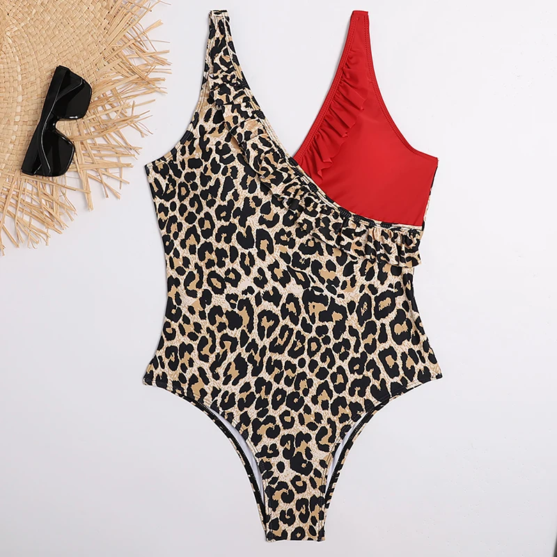 

Женский слитный купальник, леопардовая пляжная одежда с оборками