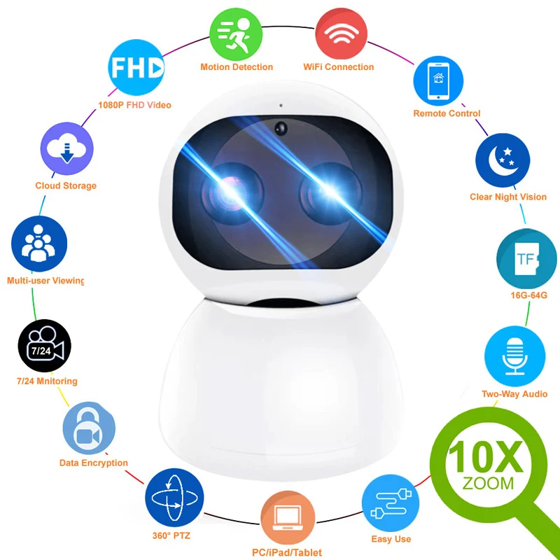 

IP-камера видеонаблюдения, HD 1080P, Wi-Fi, 10х зум