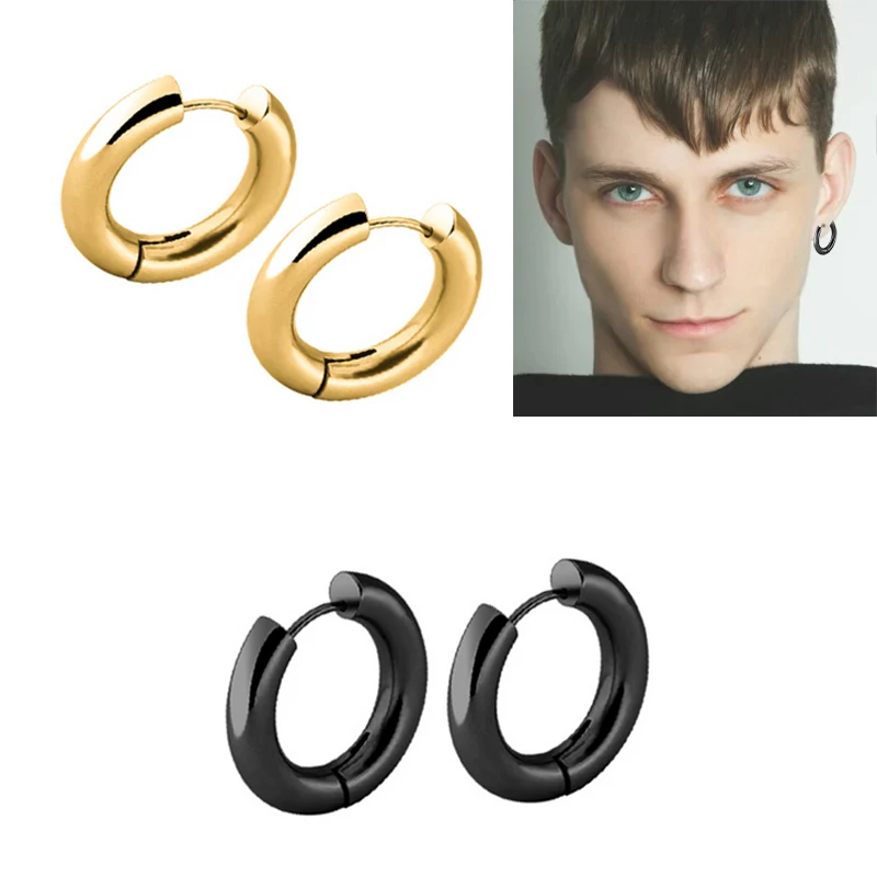 Men's punk earrings gold round charm stainless steel hoop titanium hollow Bricos | Украшения и аксессуары