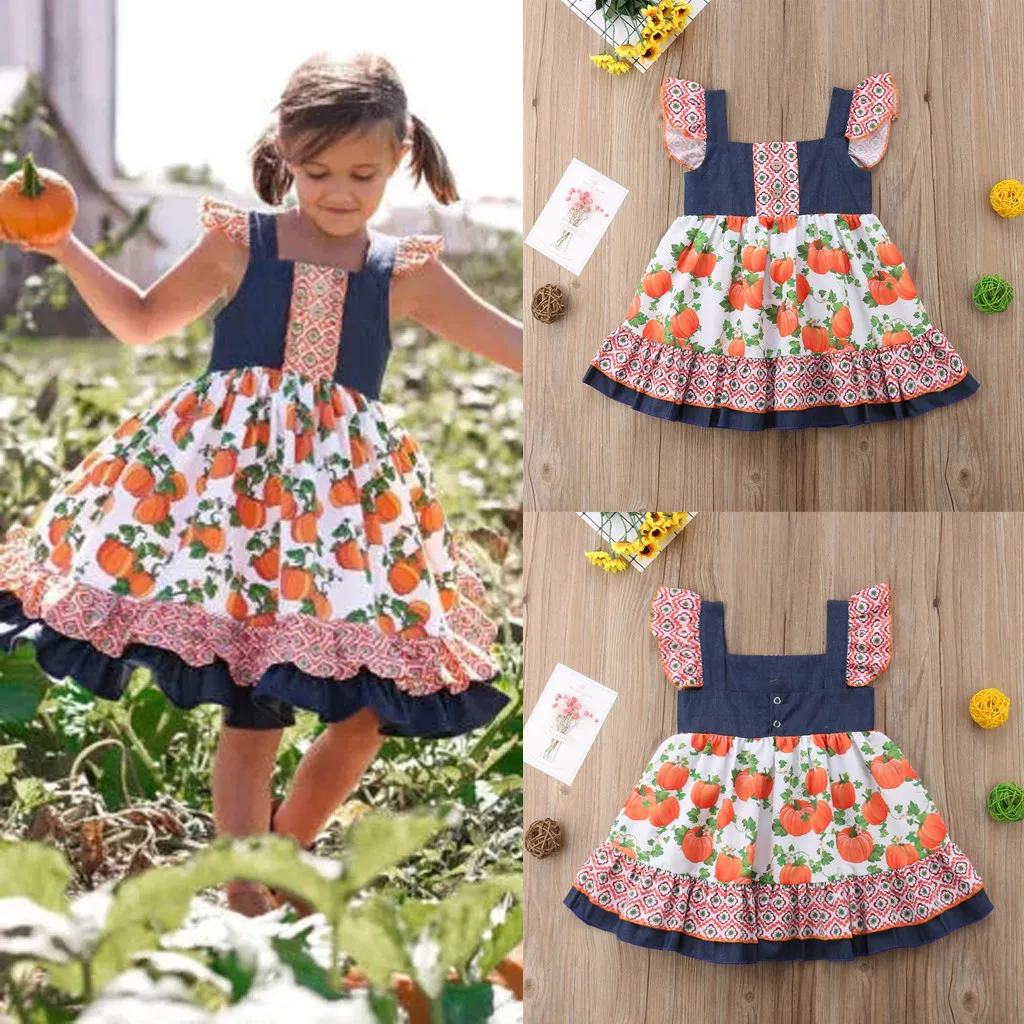 Детские платья для маленьких девочек Платье с рюшами и принтом тыквы на Хэллоуин