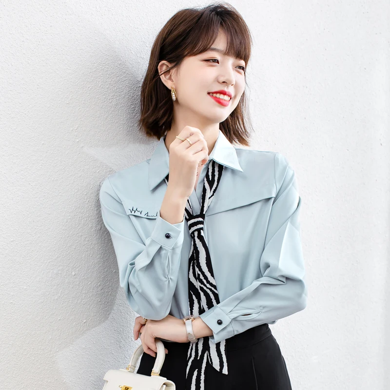

Long Sleeve Shirt Women Fashion Plain Light Green bow tie with lapel long-sleeved shirt blouse Female Autumn New 2021