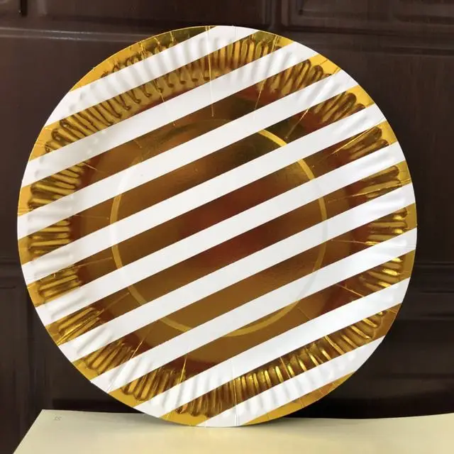 Gold Stripe 10Pcs 10 шт золотые, серебряные, в горошек, со звездами, для дня рождения, свадьбы, вечеринки, принадлежности для украшения, одноразовые бумажные тарелки и стаканы, бумажные соломинки, для детского душа - Цвет: Gold Stripe 10Pcs