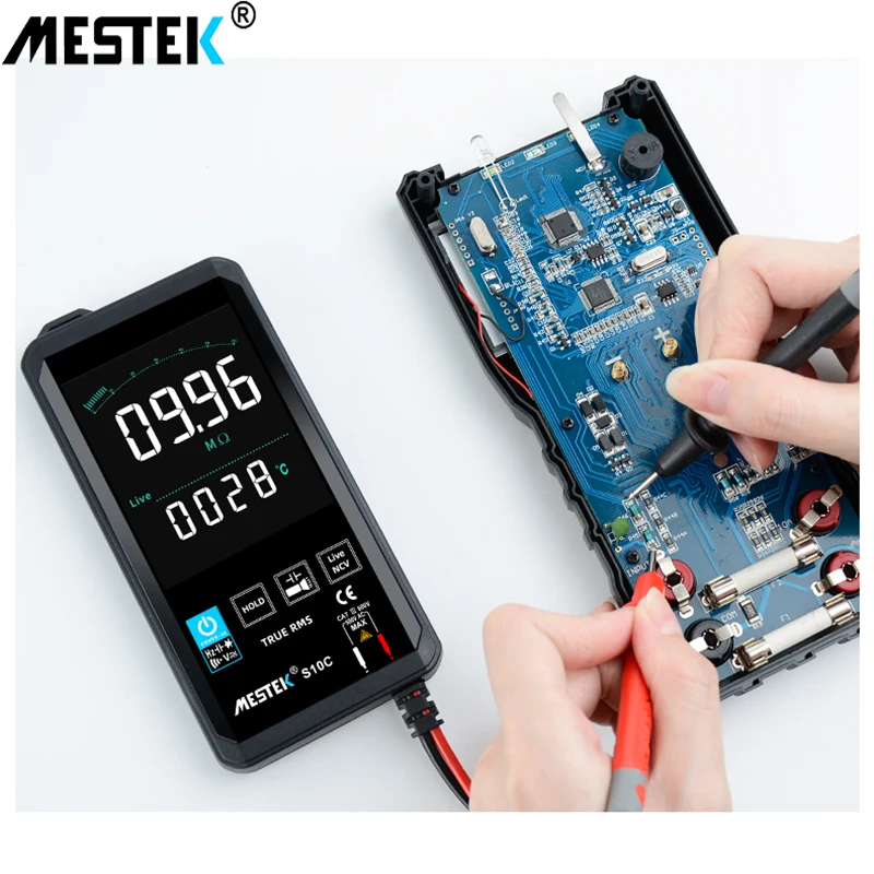 

Мультиметр Mestek S10 с сенсорным цветным экраном, ультратонкий мультиметр, измеритель напряжения, частоты, емкости, сопротивления, 6000 отсчетов