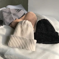 women winter casual fashion double layer thicken chenille velvet beanie hat ribbed knitted simple solid color corduroy wool cap