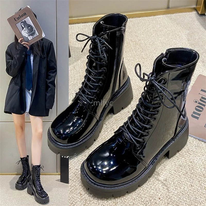 

2021 new style lace-up side zipper British style short boots big toe thick-soled Martin boots shoes for women platform shoes