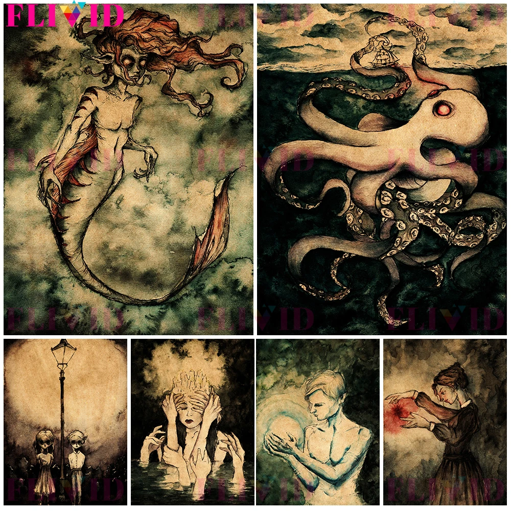 

Kraken Mythology Horror Mermaid Wall Art Canvas Painting Witch Divination And Three Headed Crows Poster And Print Decor Unframed