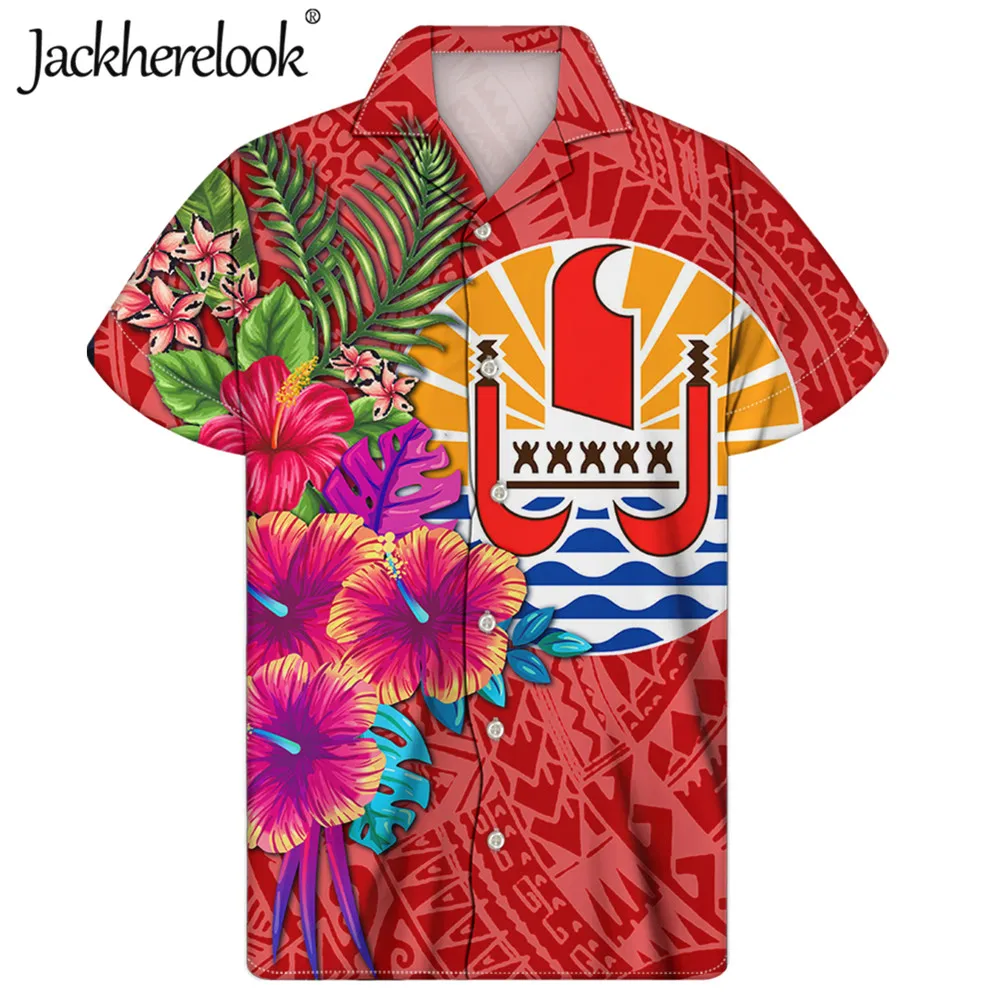 

Jackherelook Полинезии флаг Самоа Гибискус Плюмерия принт Для мужчин Гавайские рубашки Повседневное короткий рукав Футболка размера плюс