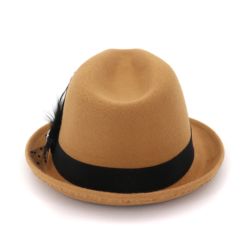 FS зима осень Fedora Шляпа черная для женщин мужчин боулинг, джаз шляпы сомбреро Mujer Трилби кепки свернутые короткие полями с перьевой лентой