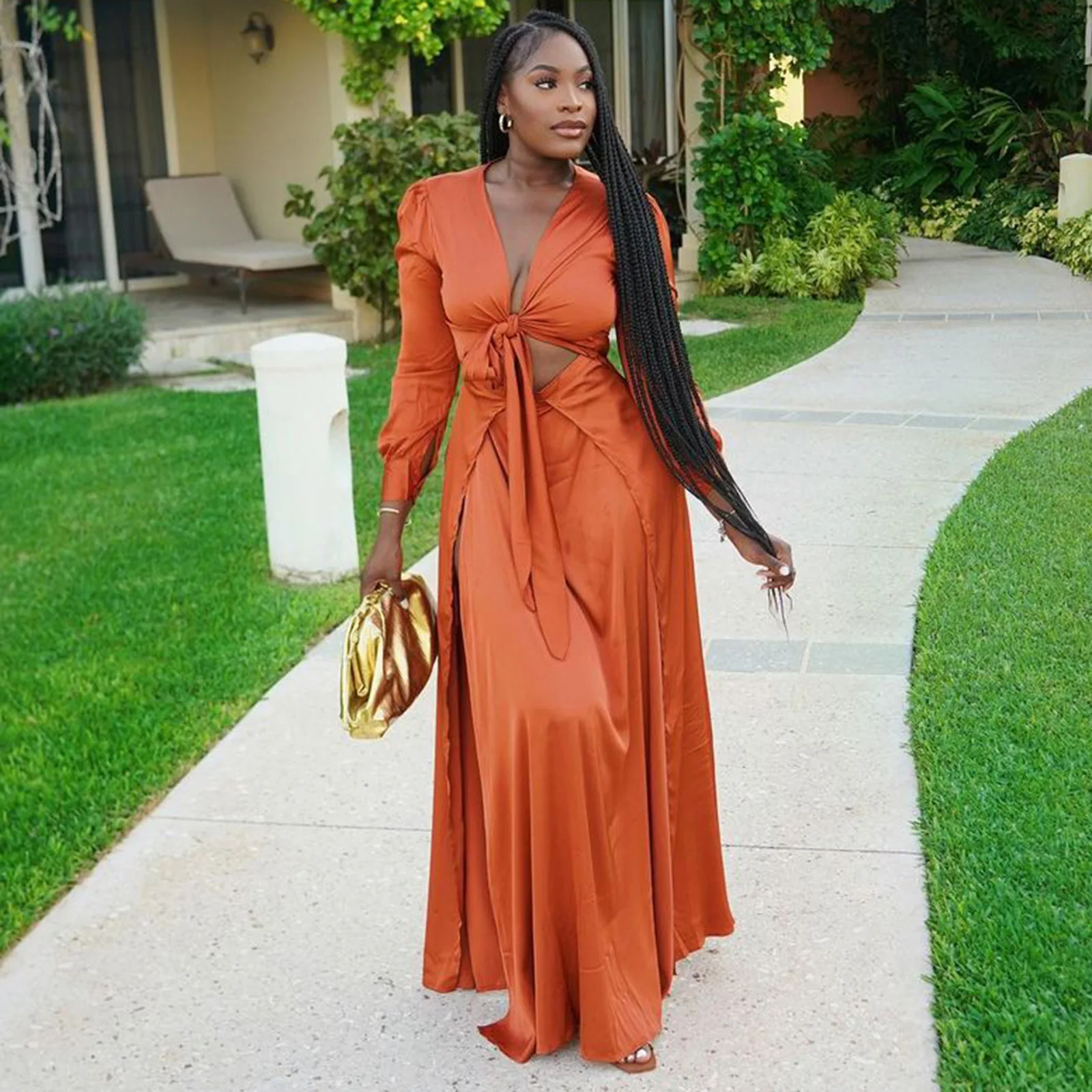 

Echoine Orange Long Sleeve Lace Up Slim Long Dress for Women Elegant Vintage Party Maxi Holidays Dresses Robe Autumn Clothes