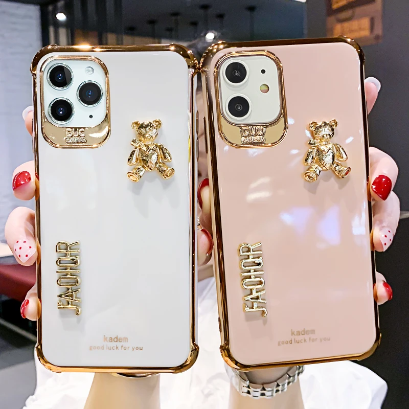 

Luxury Brand 3D Gold Bear plating Phone Case For iPhone 11 12 Pro X XR XS Max 7 8 Plus SE2 cute cartoon Soft Silicone cover capa