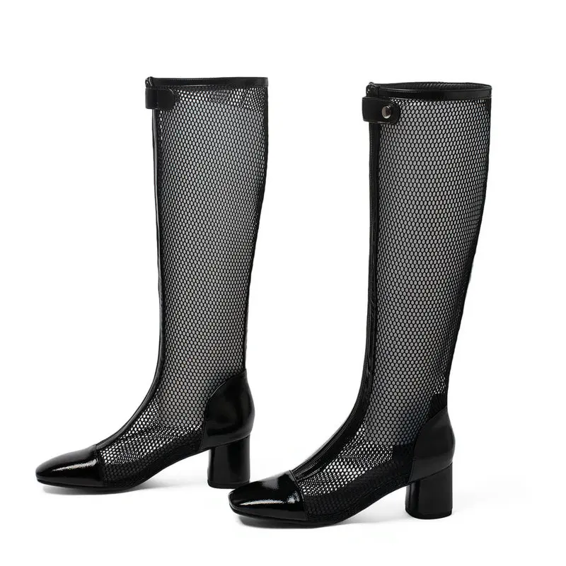 

2021 Summer Women Knee High Boots PU Leather Mesh Women Thick Heel Boots Zipper Square Toe Women's Shoes Summer Plus Size 43