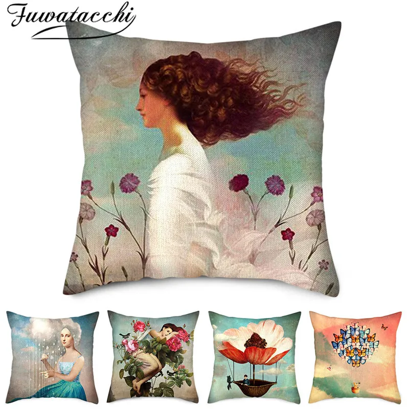 Чехол для подушки из чистого льна Fuwatacchi наволочка с мультяшным рисунком