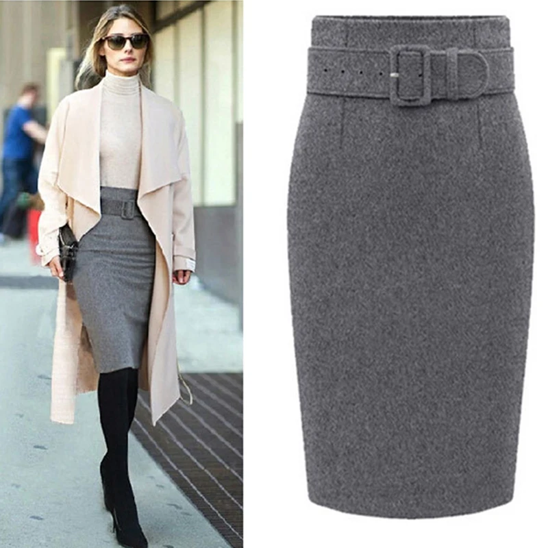 

Women Autumn Winter New Vogue Style Knee Length Skirt Ladies Front Sashes Girl Pencil Skirts Femme Female Black Jupe 3XL 50