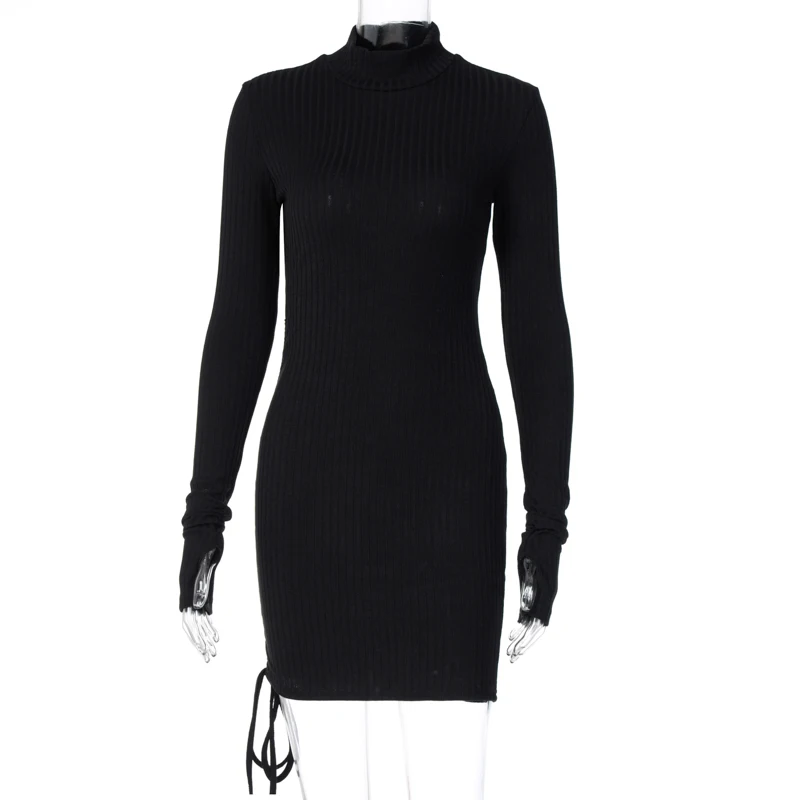 

Knitted Bandage Dress Sexy Mini Long Sleeve Women Dress Ribbed Ruched High Neck Outfits Spring Autumn Elegant Party Streetwear