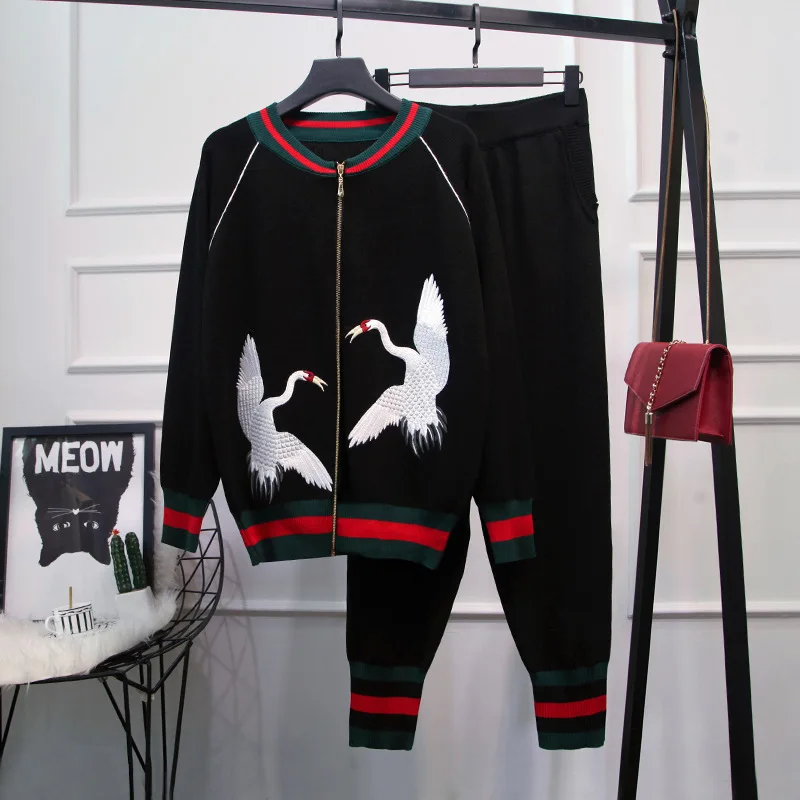 

BabYoung Winter New Women's Clothing Bird Long-sleeved Embroidered Jacket With Small Feet Pants Fashion Casual Pants Suit