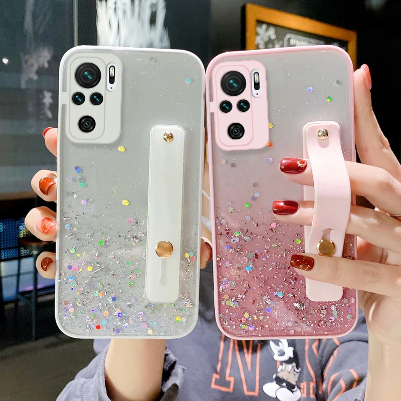 

Glitter Clear Phone Case For Xiaomi Mi POCO X3 NFC Pro Redmi Note 10 9 Pro Lens Protection Wrist Strap Stand Soft Cover