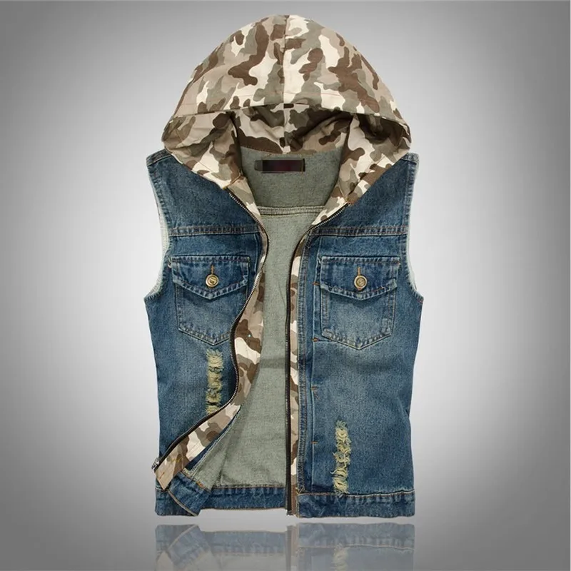 

Hoodie Cowboy Sleeveless Solid Denim Jean Vest Men Casual Hip Hop Motorcycle Jeans Slim Fit Waistcoat Jacket for Male Hat M-4XL