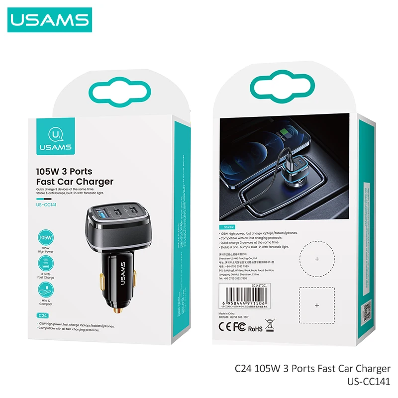 usams 105w 3 usb ports pd qc 3 0 fast charging car phone charger with led light for iphone xiaomi huawei laptops tablets charger free global shipping