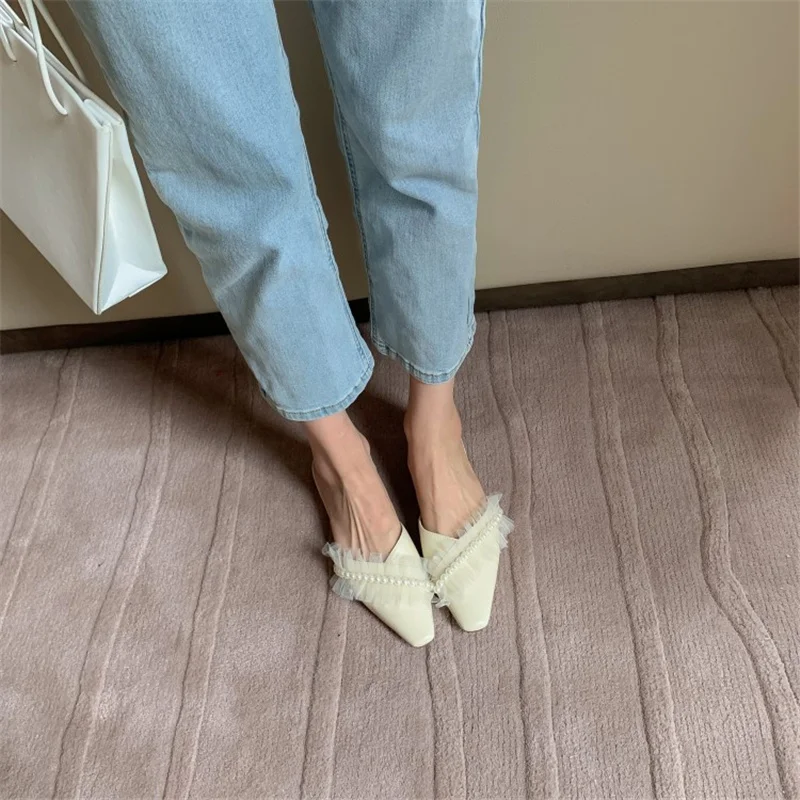 

Women Slippers Slip-on Pointed Toe Low Heel Summer Shallow Female Shoes Mesh Pearl Leather All-match Casual Outdoor Flip Flops