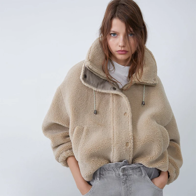 ZA новая Толстая Меховая куртка из овечьей шерсти модная свободная мягкая на