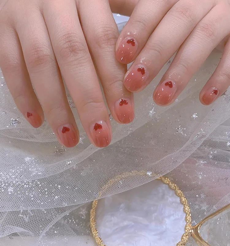 

2021 Fake Nails Short Round Pink Gradient Love Nail Stickers Finished Nail Stickers 24 Nail Stickers With Glue EY669