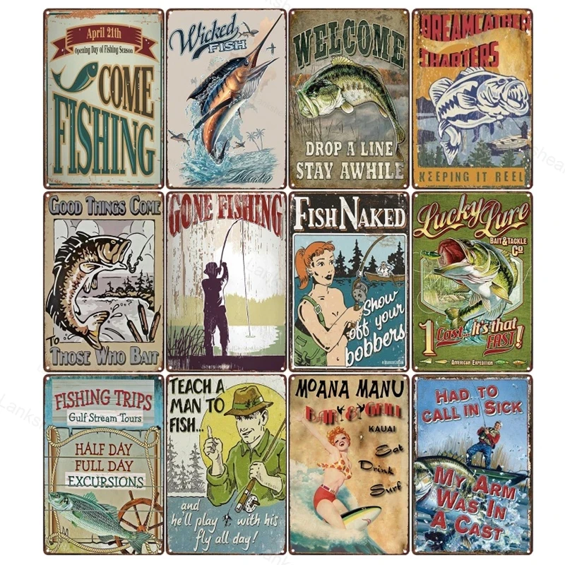 

Gone Fishing Vintage Metal Tin Signs Animal Fish Art Poster Man Cave Garage Farm Decor Retro Sign Wall Decor for Bar Home Plaque