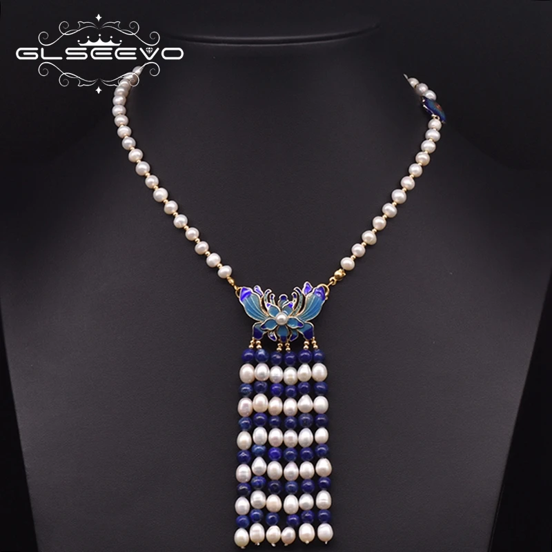 

GLSEEVO Natural Fresh Water Pearl Tassel Choker Necklace For Women Wedding Cloisonne Butterfly Ethnic Necklace Jewelry GN0228