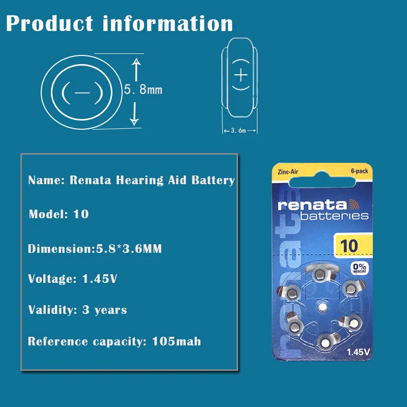 180 шт Renata 10 1 45 v 105mAh цинковые воздушные батареи ZA10 PR70 A10 для слуховых аппаратов