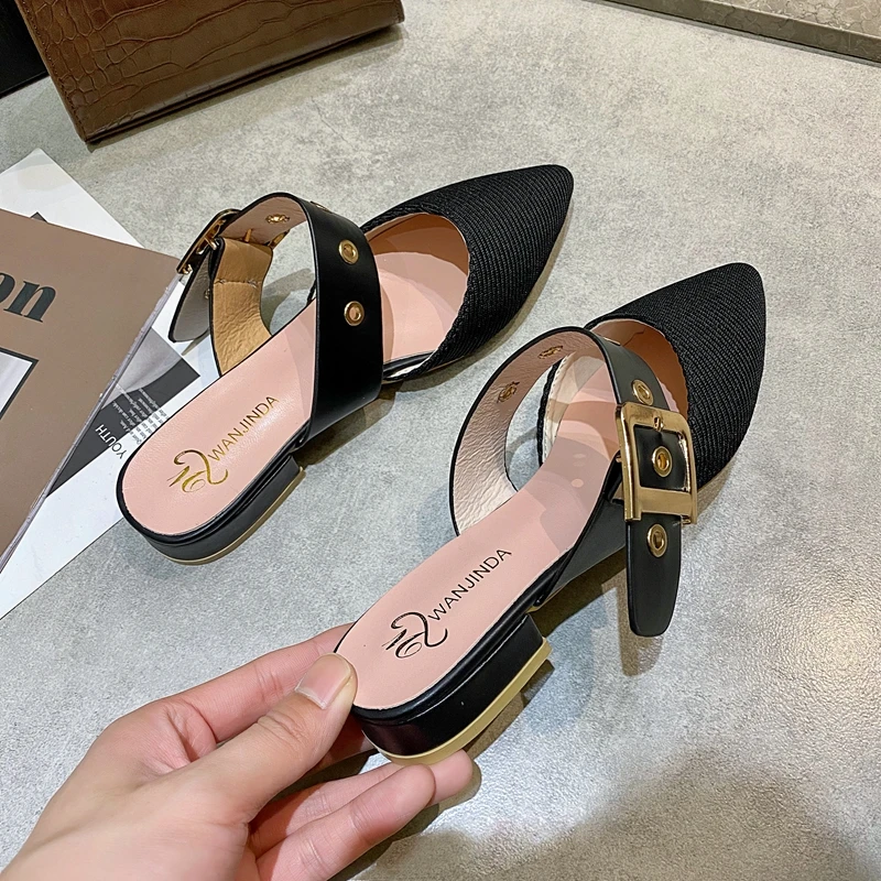 

DLEK Low Heels Women Slippers Summer Metal Decoration Shallow Mules Apricot Buckle Straps Office Elegant Ladies Shoes