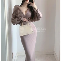 autumn korean elegant mature v neck lady batwing sleeve sexy high waist maxi long party dress winter robe casual dresses lace 1t