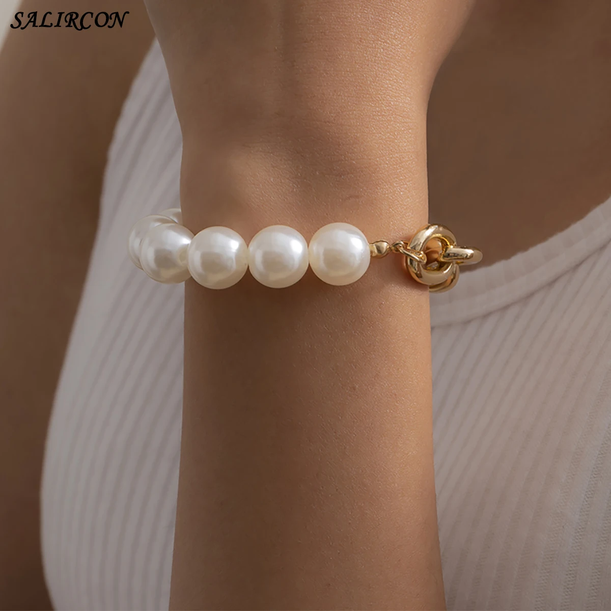 

Salircon Kpop Imitation Pearl Beads Bracelet for Women Punk Charm Chain Bracelets on Hand Fashion Couple Bracelet Jewelry Gift