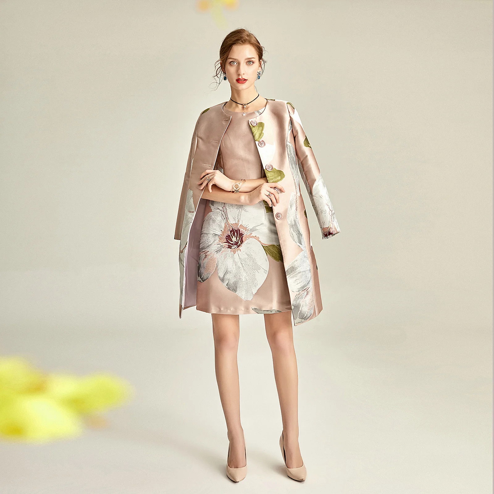 

tailor shop custom made pink big flower jacquard weaving temperament brocade long coat mother of the bride outfit for weddings
