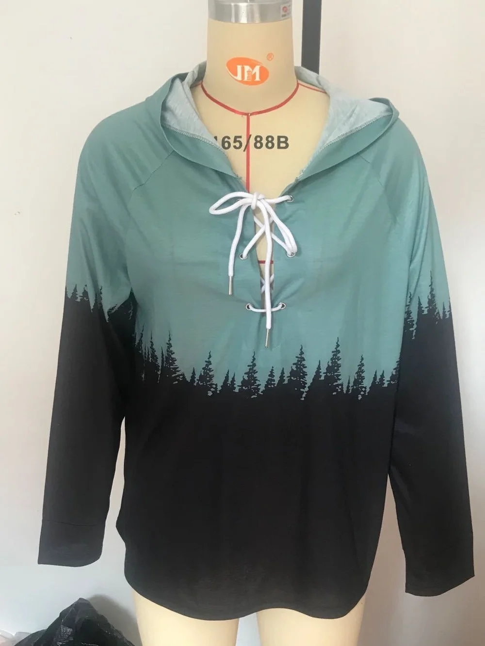 

Donsignet Fashion Women's T-shirt Spring New Print Hooded Tie Tree Top Long-sleeved T-shirt Casual Bandage Woman T-shirt