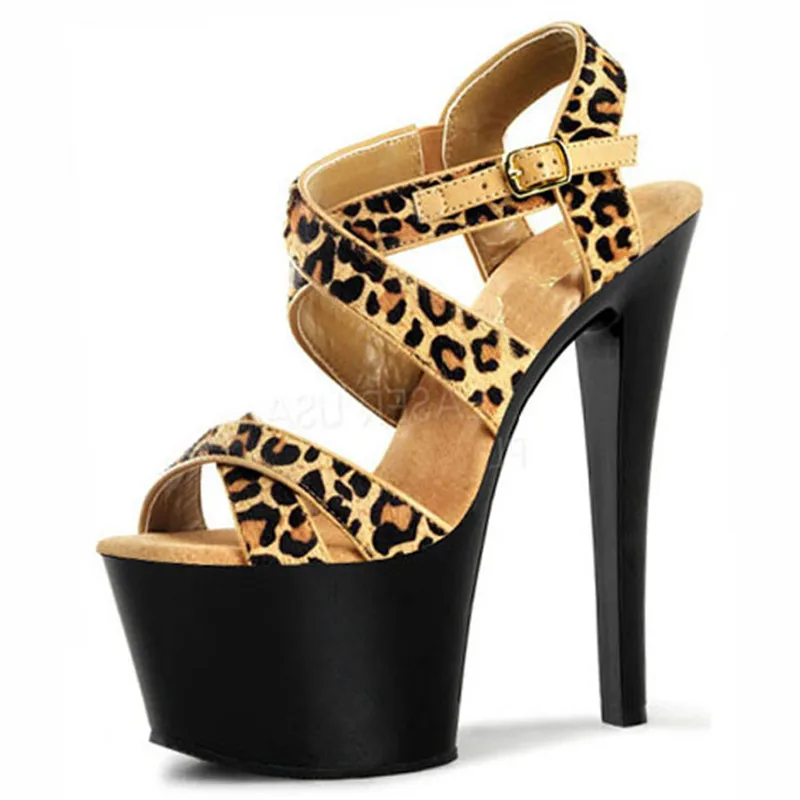 Model party catwalk shoes, women's stage high heels, summer 17cm leopard print upper sandals
