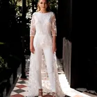 Элегантный комбинезон в стиле бохо, свадебное платье с круглым вырезом и кружевной аппликацией, рукав 2021, с открытой спиной, из тюля, на пуговицах, простое платье невесты, платье для невесты, 34