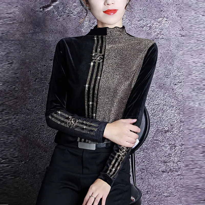 Winter Female T-shirt Bright Silk Stitching Plus Size T Shirt Women Velvet Half-high Collar Bottoming Fashion | Женская одежда