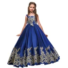 Платье принцессы Королевского синего цвета в пол; Платье с цветочным узором для девочек; Праздничное платье с золотой аппликацией для девочек; Платья для первого причастия; Вечернее платье
