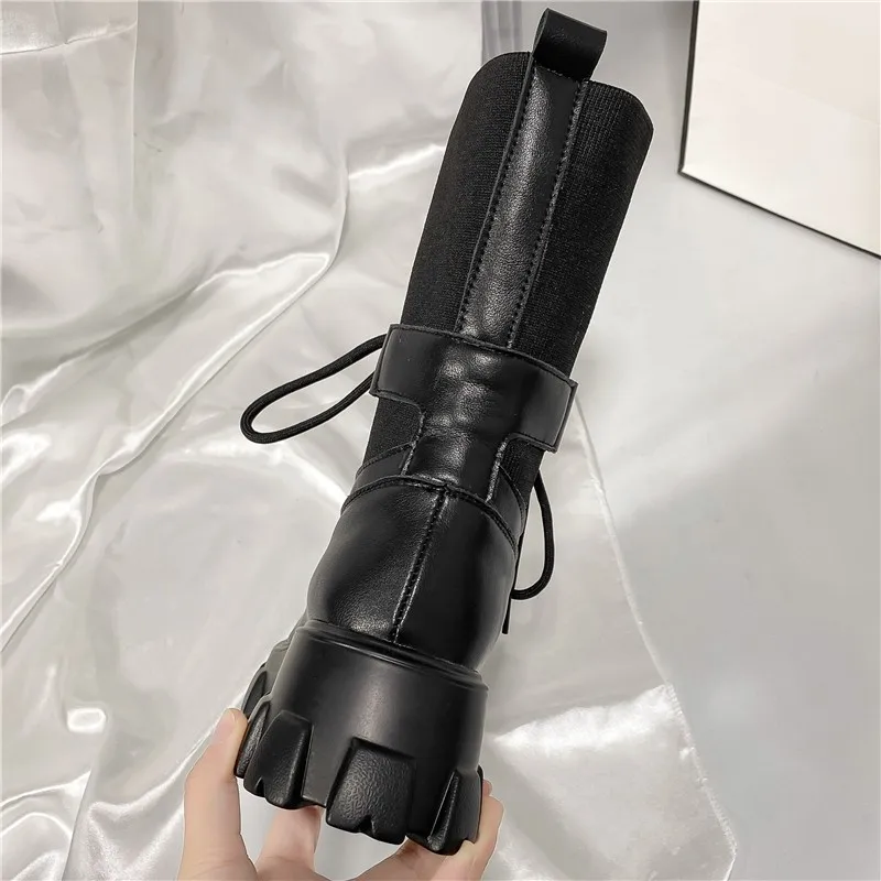 

Stretch Women's Lace up Boots Genuine Leather Fashion Women Long Boots 2020 Autumn Ladies Platform plus size 44 Footwear