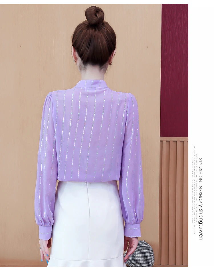 

Chiffon Slim Women's Shirts New Fashion Blouses Ruffle Stripe V-neck Shirts Autumn Casual Long Sleeve Blusas Houthion