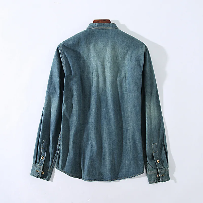 Рубашка мужская джинсовая с воротником-стойкой брендовая Повседневная сорочка