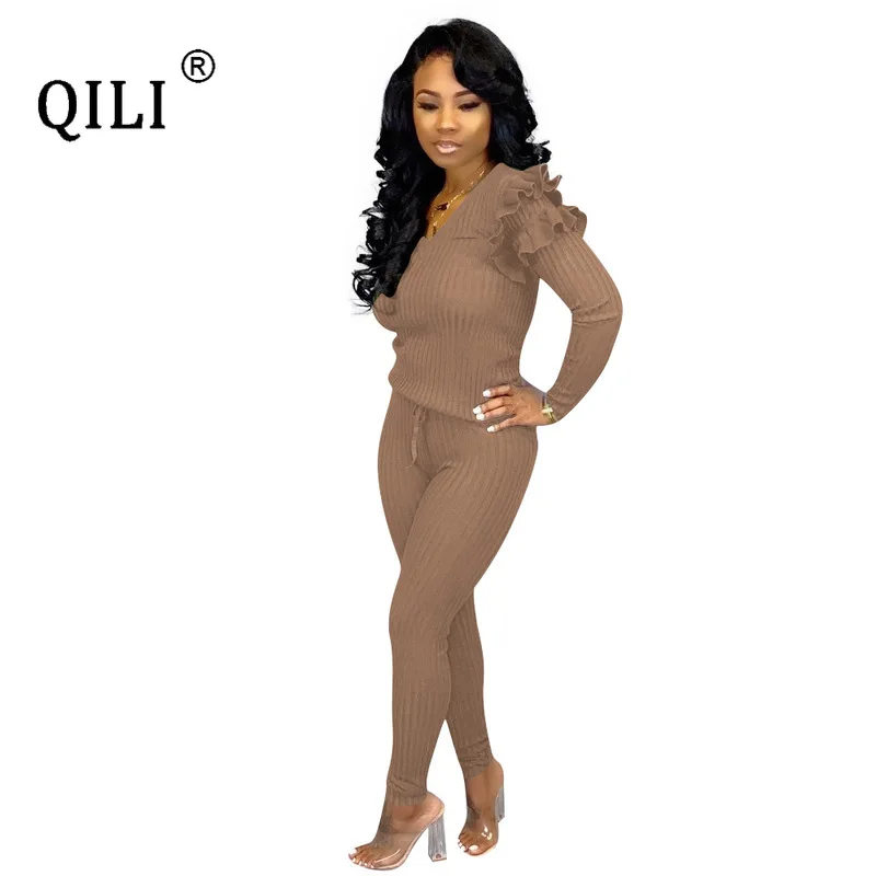 QILI Plus Size Two Piece Set Jumpsuits Womens Stretch Twill Ruffles Long Sleeve 2 Piece Outfits Casual Jumpsuits Autumn Jumpsuit