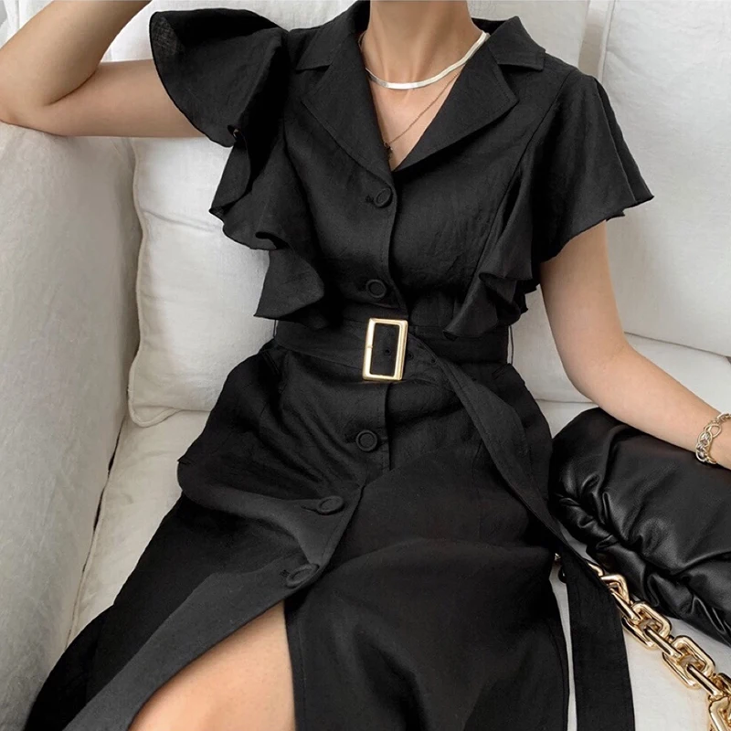 

Summer New Temperament All-match Vestidos Women's Suit Collar Single-breasted Ruffled Stitching Flying Sleeve Midi Dress KK218