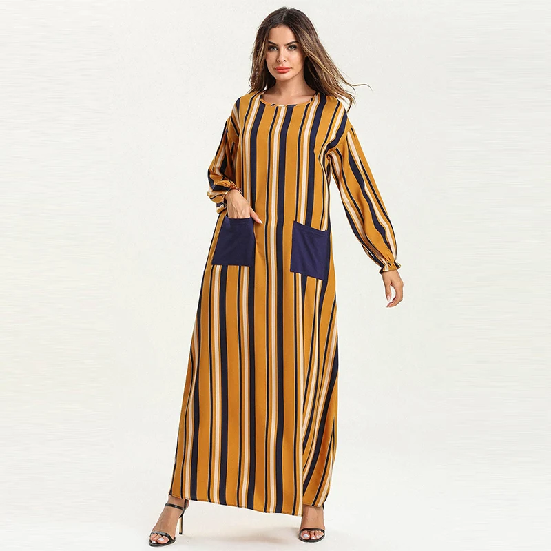 Muslim Dress Dubai Simple Fashion Long Sleeve Skirt Islamic Turkey Striped Thin Panel Middle East Arab Kimono Moroccan | Тематическая